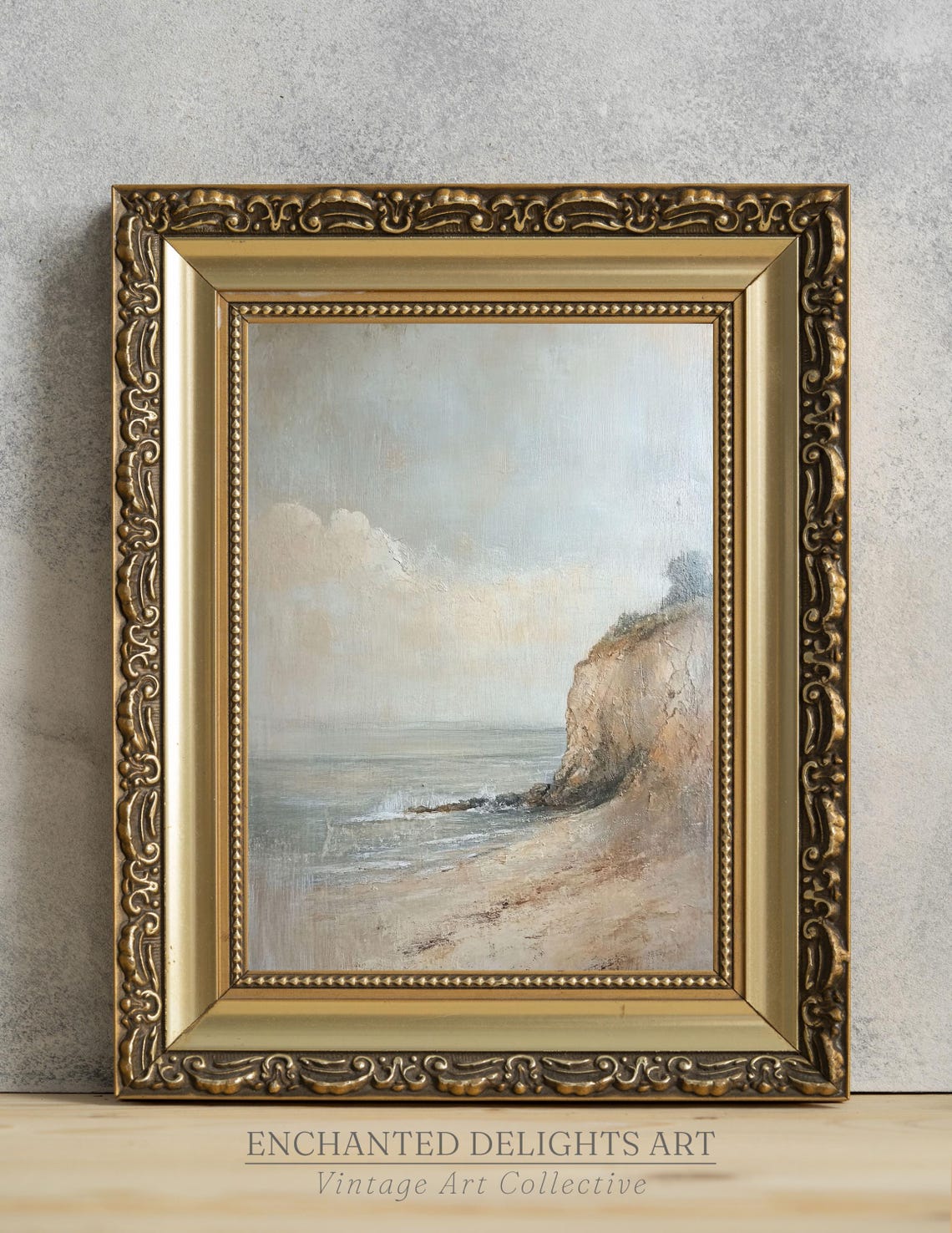 Antique Misty Sea Cliff Beach Neutral Coastal Painting Poster