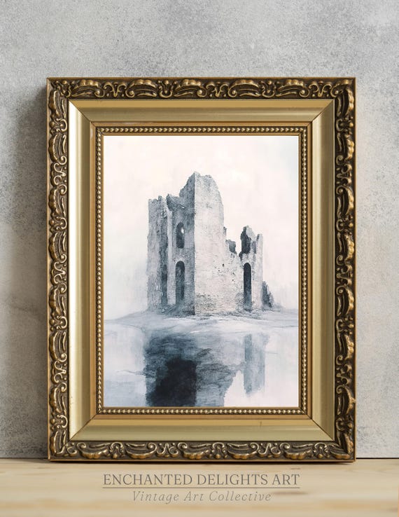 Old Castle Ruin Painting Vintage Wall Art Rustic Conceptual Print Neutral Country Poster