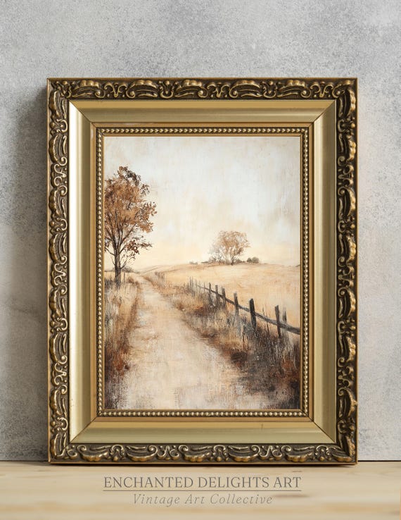 Muted Rustic Countryside Painting Vintage Wall Art Warm Toned Decor Fall Autumn Farmhouse Print