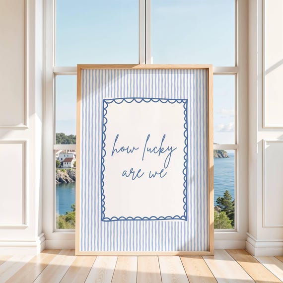 How Lucky Are We Blue Striped Wall Art Coquette Quote Coastal Cowgirl Dorm Room Decor Cute