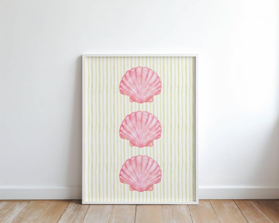 Pink Seashell Yellow Stripe Coastal Wall Art Print