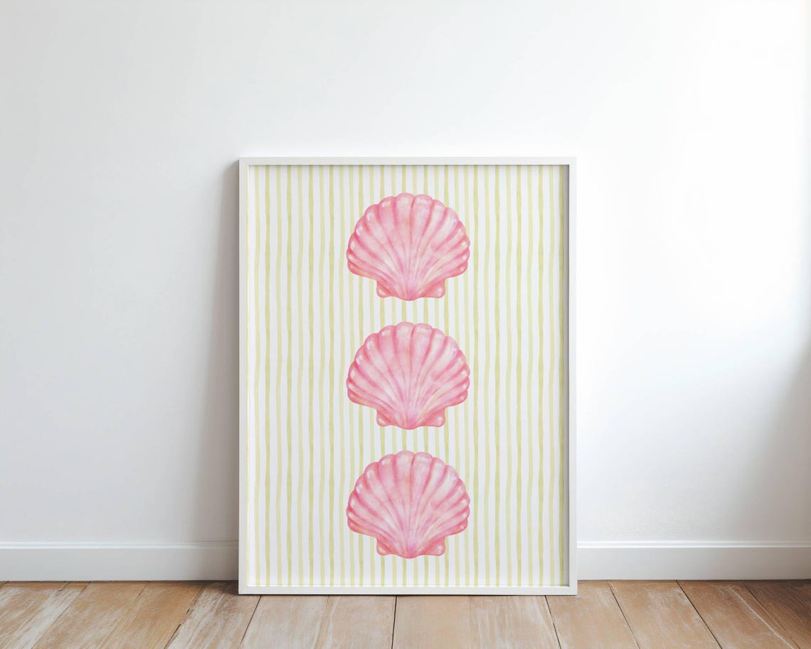 Pink Seashell Yellow Stripe Coastal Wall Art Print