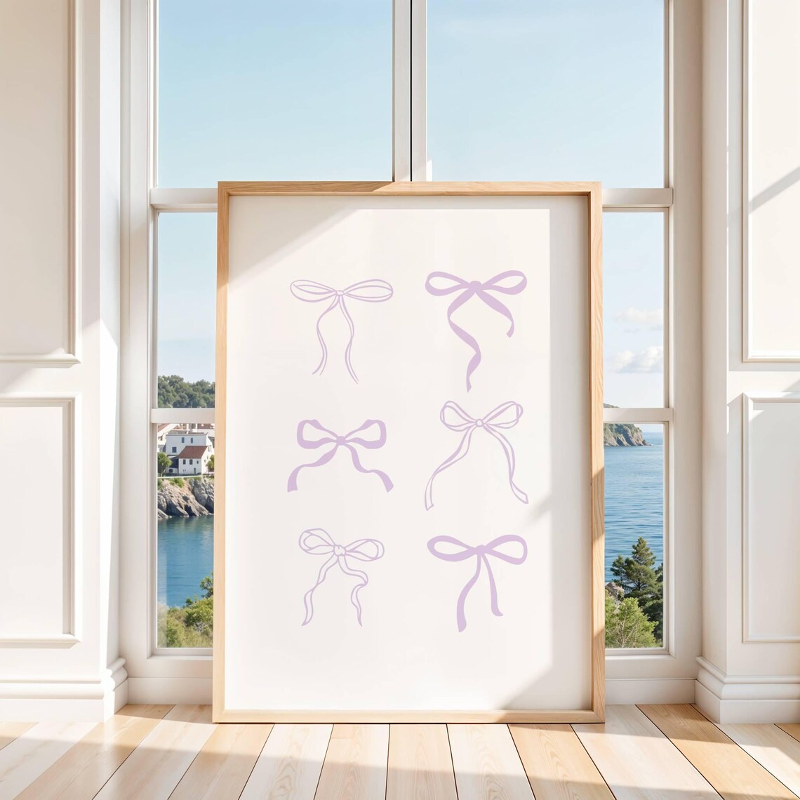 Six Lavender Ribbon Bows Pastel Line Art Set Coquette Room Poster