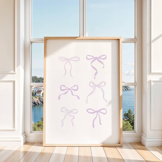 Six Lavender Ribbon Bows Pastel Line Art Set Coquette Room Poster