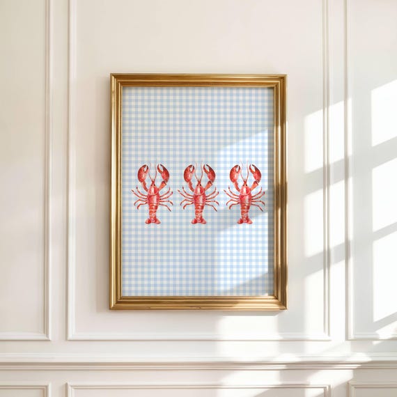 Lobster On Blue Gingham Print Trendy Coastal Dorm Wall Art Preppy Bedroom Decor Cute Nautical Poster For Beachy Rooms