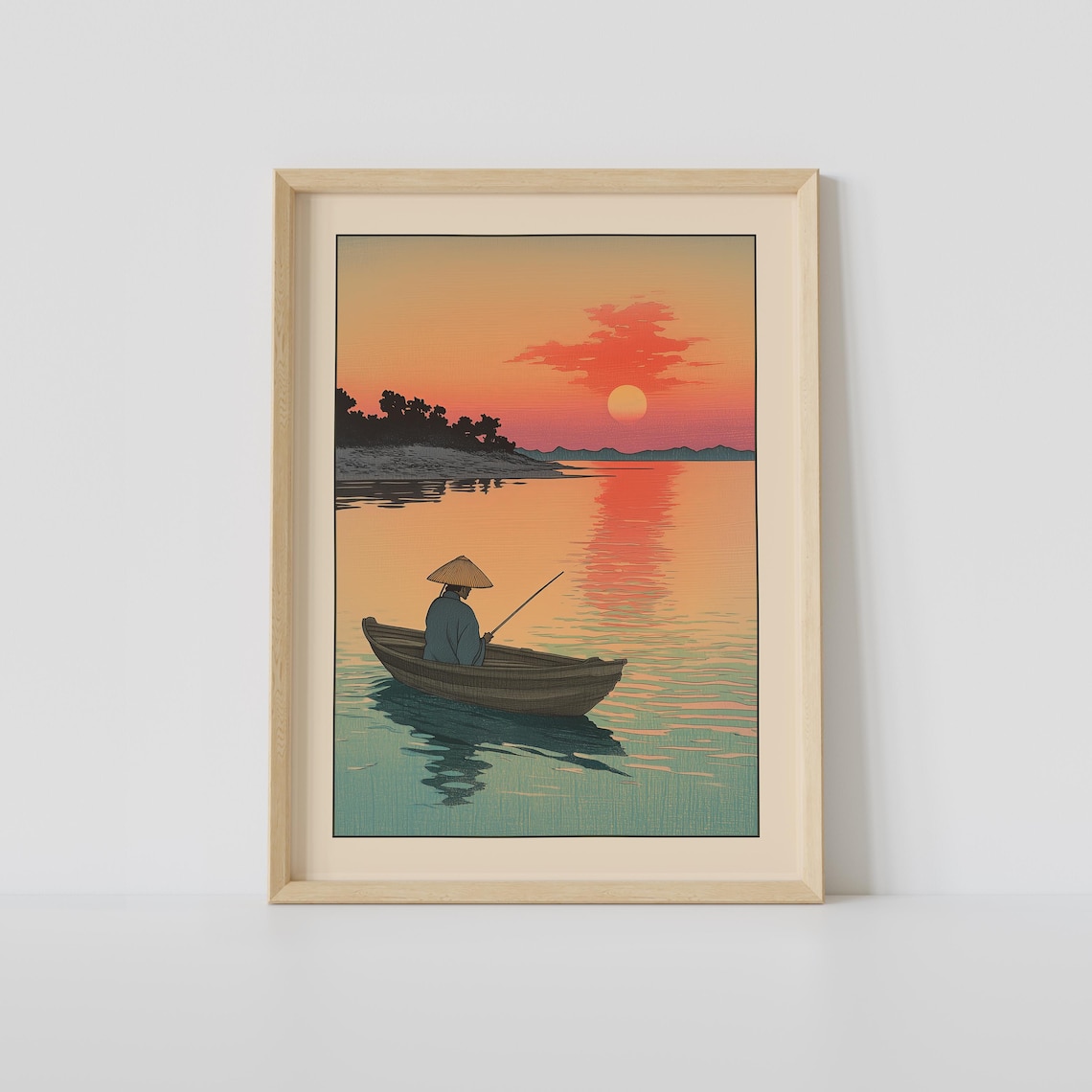 Japanese Fisherman Sunset Boat Woodblock Lake Calm Water Poster