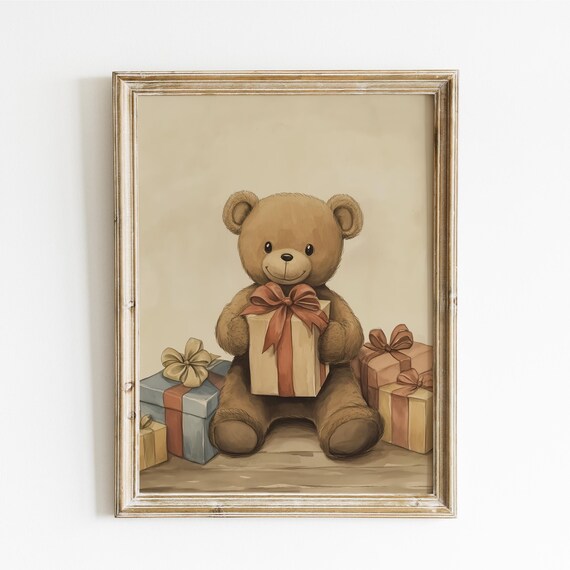 Teddy Bear with Ribbon-Tied Gift Boxes Birthday Nursery Poster
