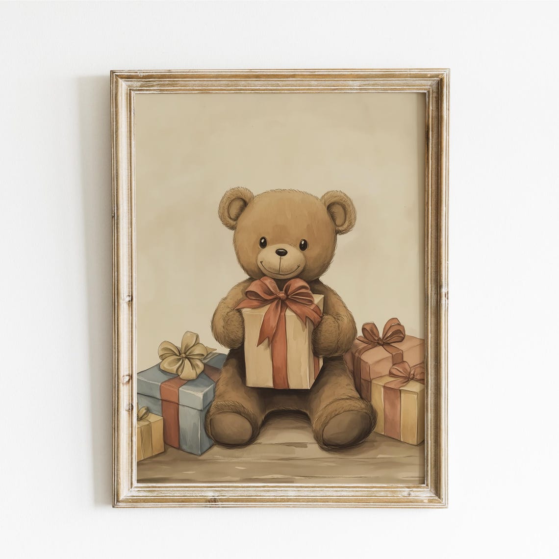 Teddy Bear with Ribbon-Tied Gift Boxes Birthday Nursery Poster