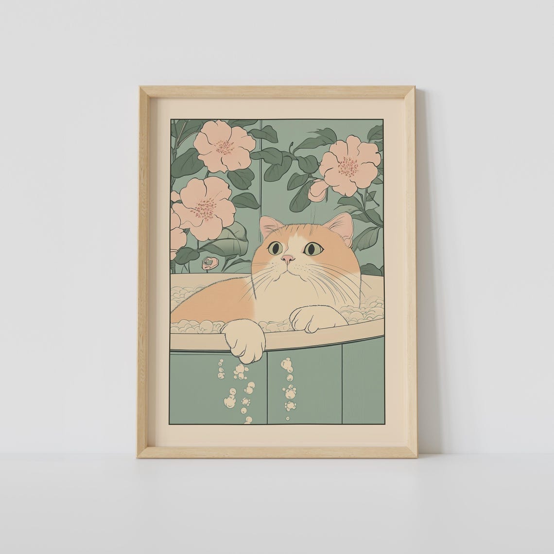 Orange Cat Bath Time in Green Tub With Camellia Blossoms Poster