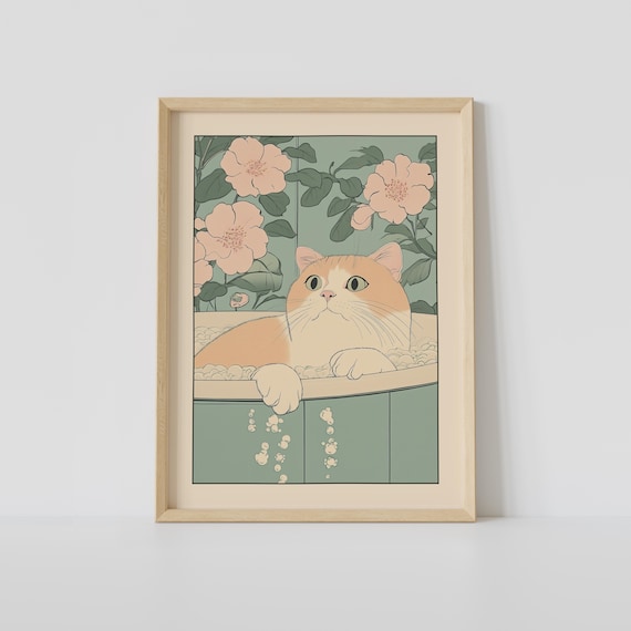 Orange Cat Bath Time in Green Tub With Camellia Blossoms Poster
