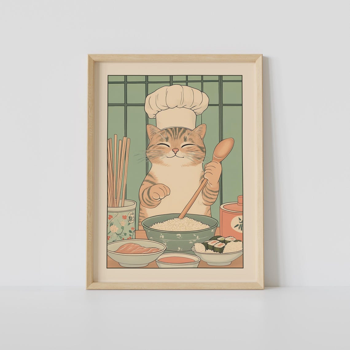 Tabby Cat With Chef Hat, Japanese Kitchen Art Print