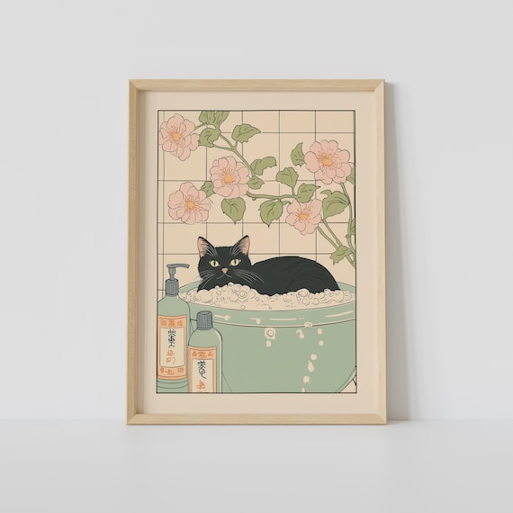 Black Cat Soaking in Green Bubble Bath With Pink Roses Poster