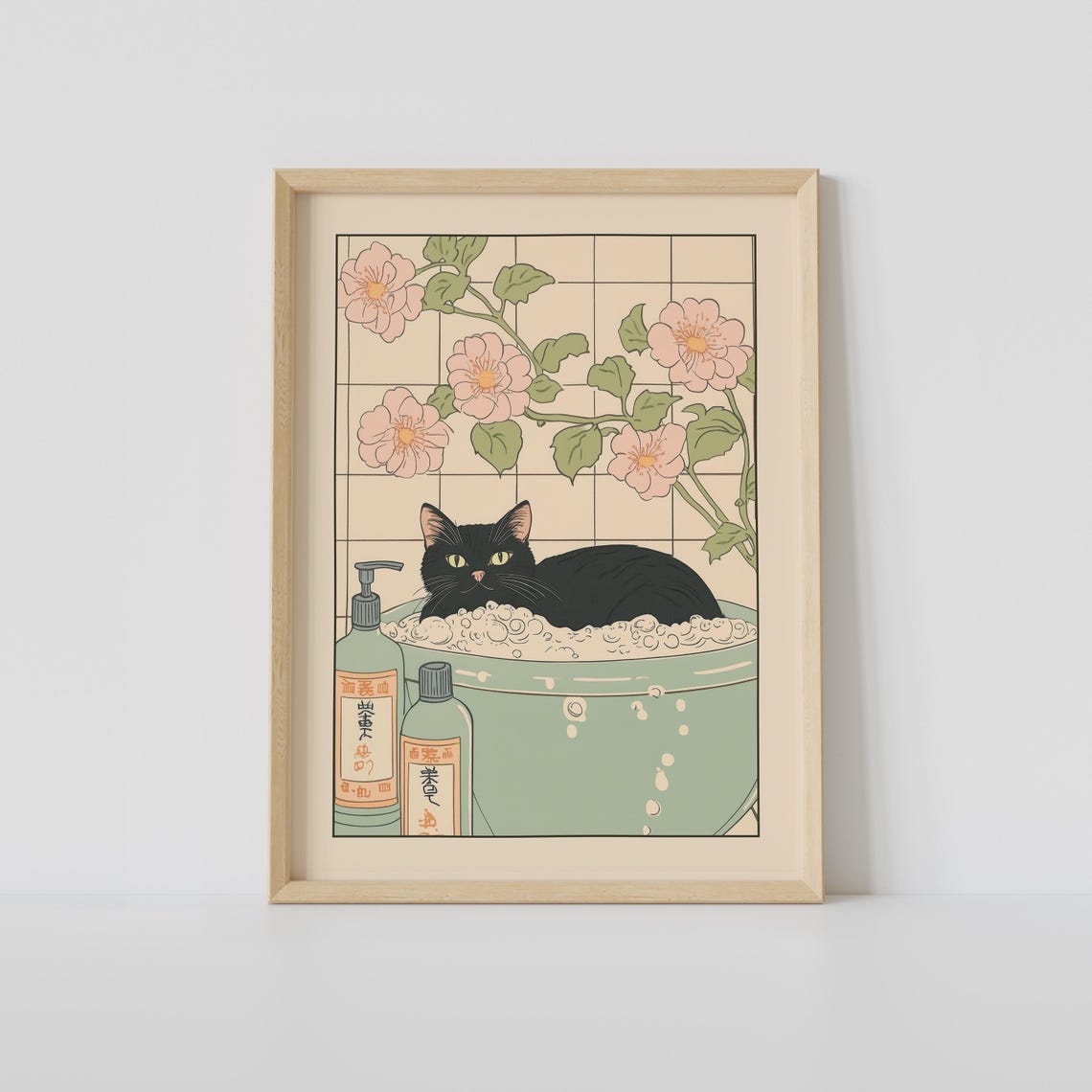 Black Cat Soaking in Green Bubble Bath With Pink Roses Poster