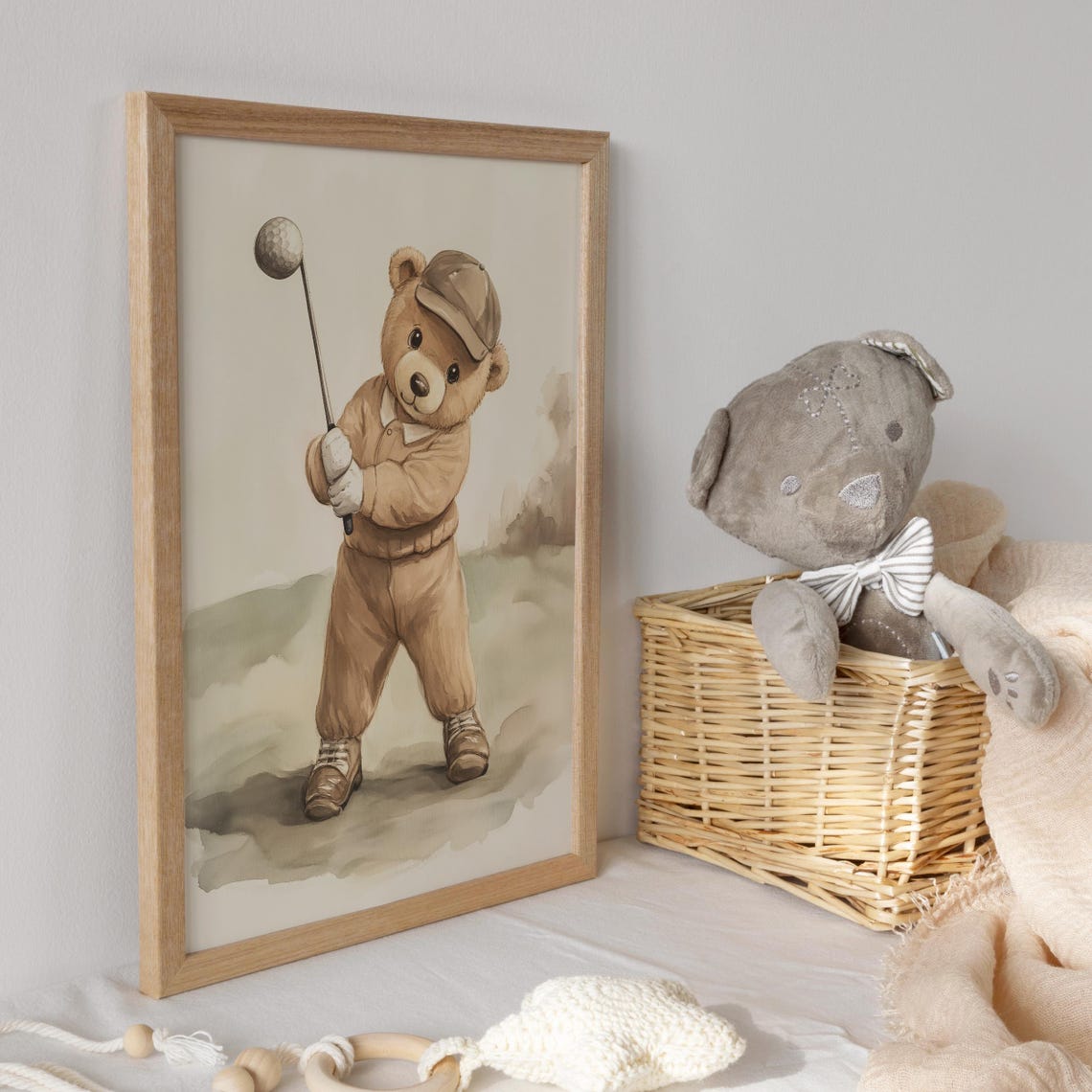 Teddy Bear Golfer Mid Swing in Cap and Sweater Watercolor Poster - Image 3