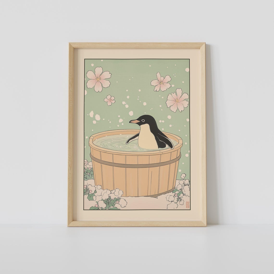 Penguin Soaking in Wooden Bucket Bath With Falling Sakura Poster