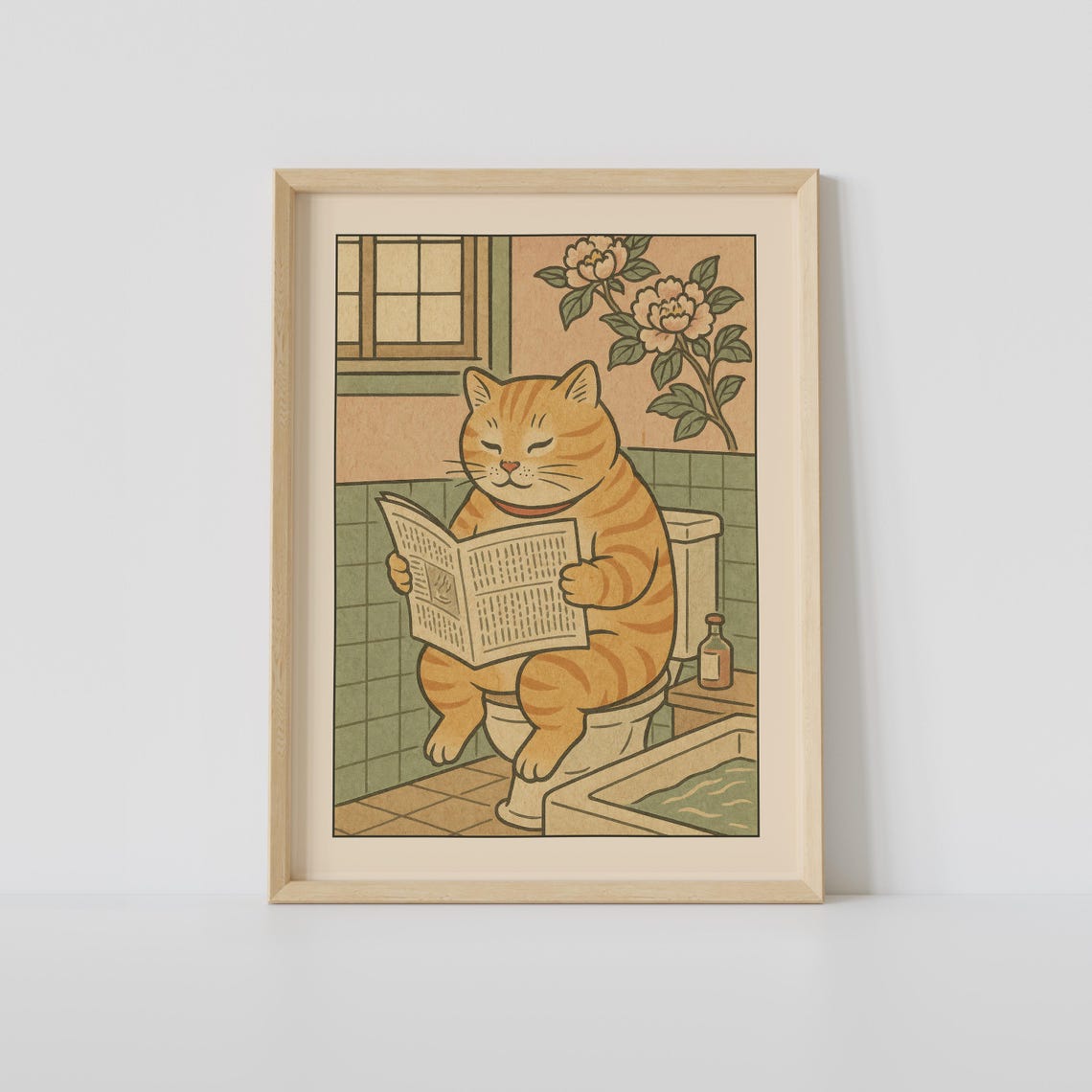 Fat Tabby Cat On Toilet Japanese Bathroom Art Print