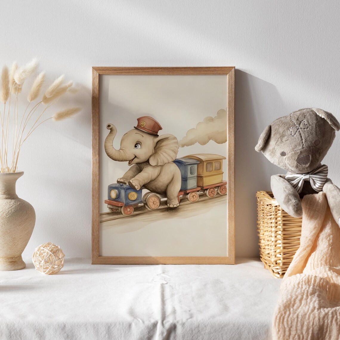 Baby Elephant Conductor Riding a Colorful Toy Train Funny Poster - Image 2