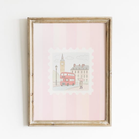London Stamp Print, Coquette Pink Stripes Travel Poster