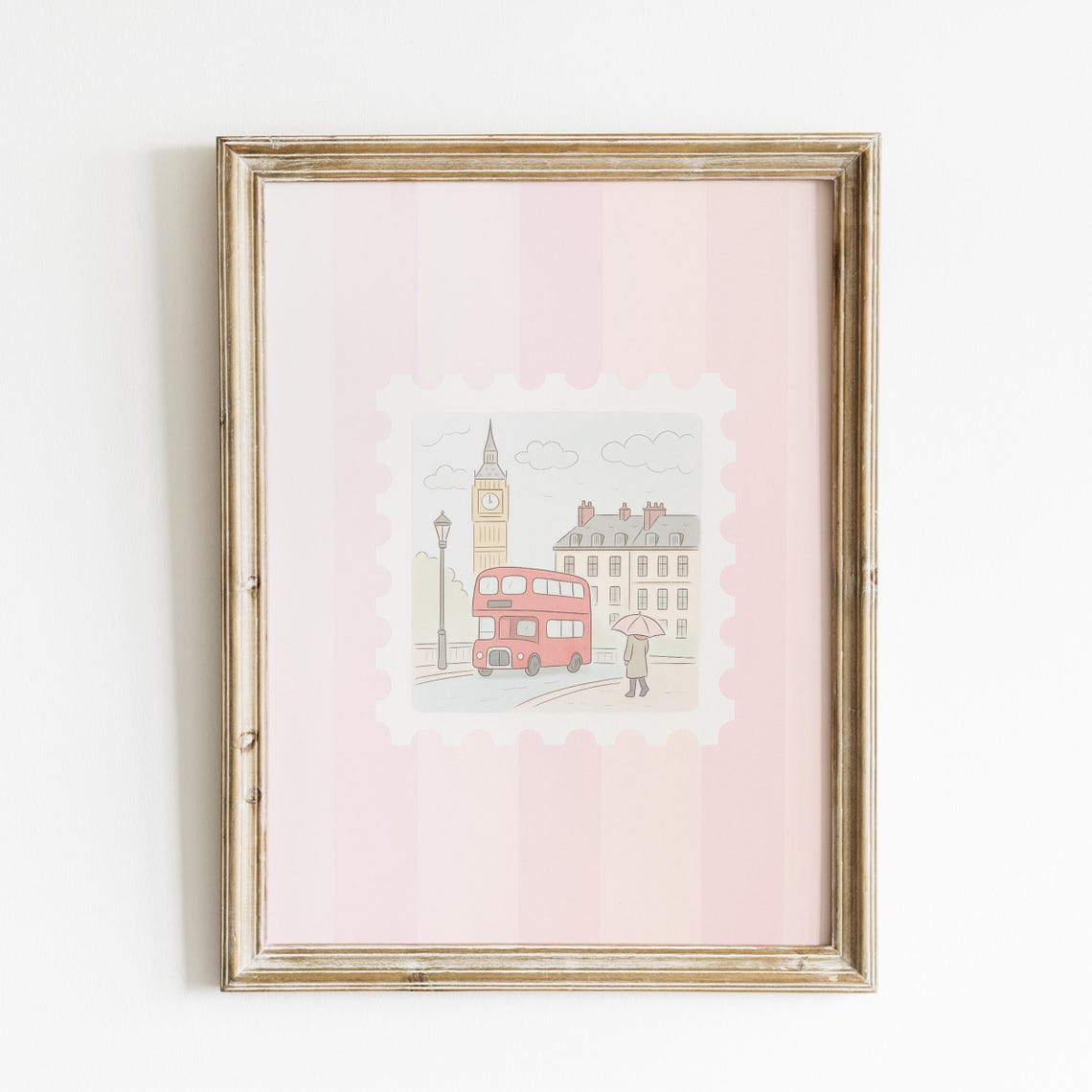 London Stamp Print, Coquette Pink Stripes Travel Poster