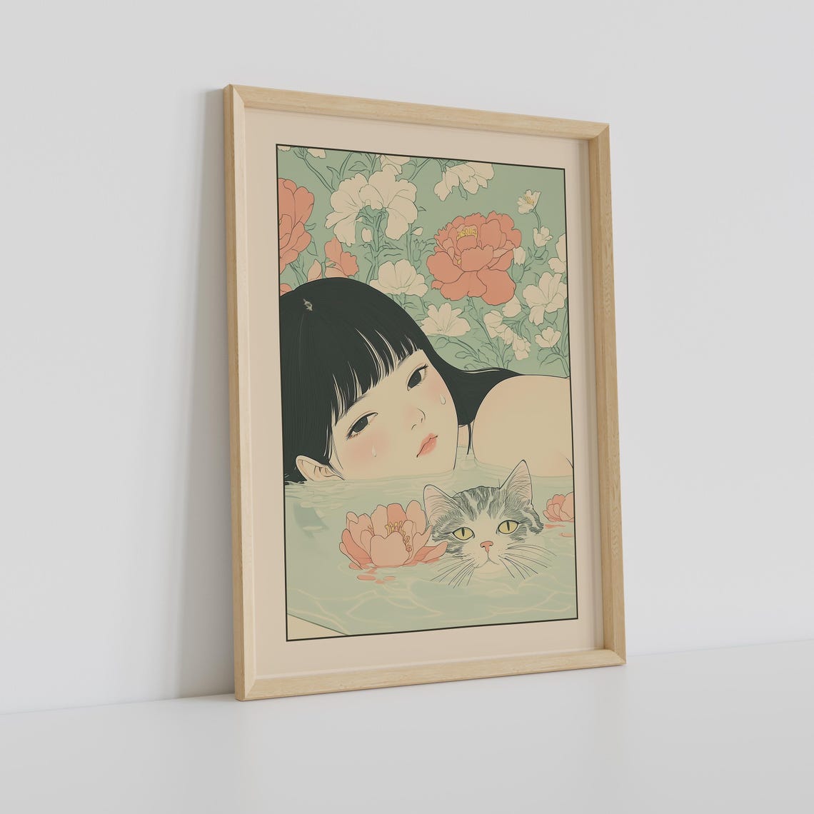 Japanese Girl in a Bath with a Tabby Cat Surrounded by Peonies Poster - Image 2