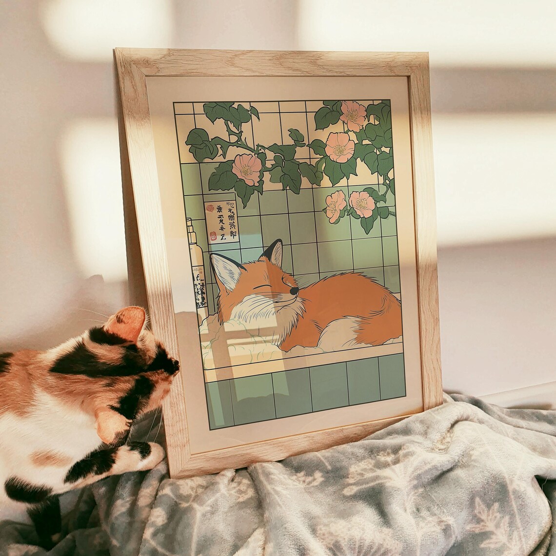 Fox In A Bathtub, Japandi Japanese Bathroom Art Print - Image 3
