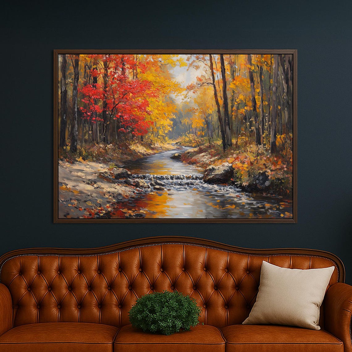 Thanksgiving Autumn River Framed Canvas Wall Art Golden Fall Forest Landscape Print