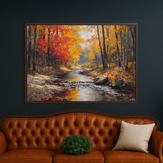 Thanksgiving Autumn River Framed Canvas Wall Art Golden Fall Forest Landscape Print