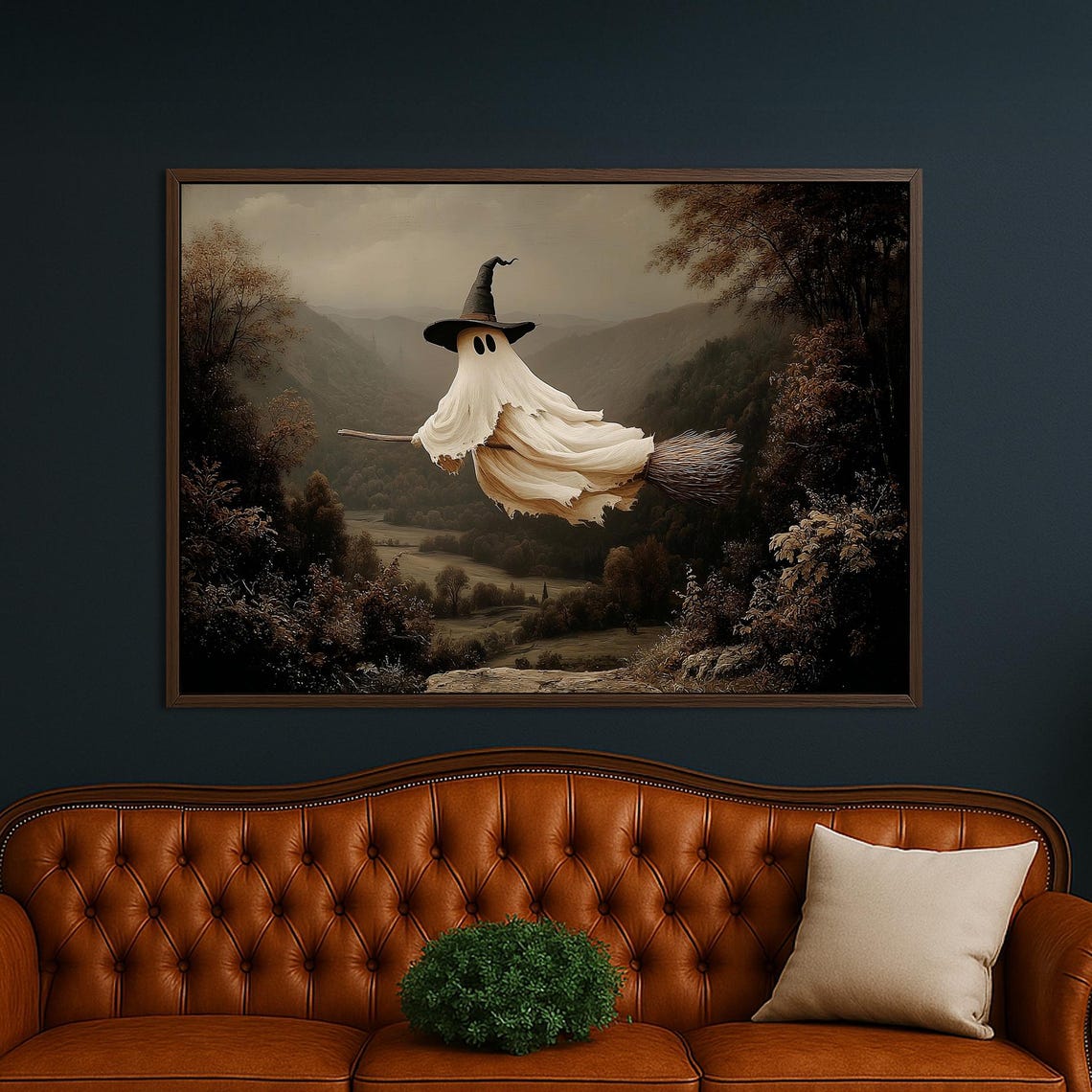 Cute Ghost Witch Flying Broomstick Over Autumn Valley Poster