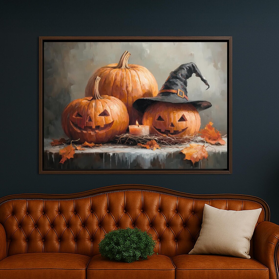 Smiling Pumpkins With Witch Hat Autumn Halloween Wall Art Print