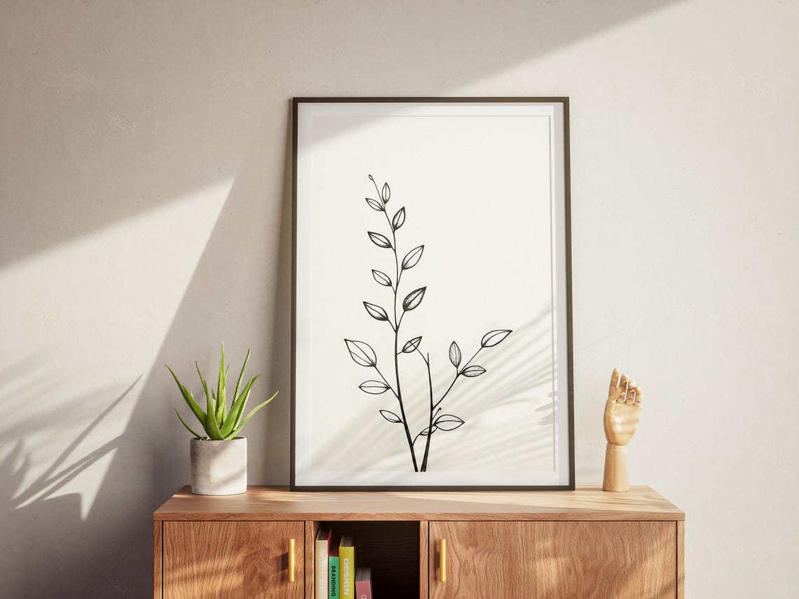 Minimalist Black Leaf Branch Botanical Line Art Modern Print