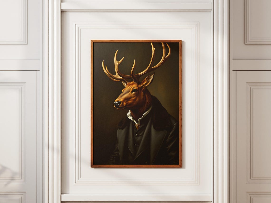 Regal Elk Wearing Suit Victorian Style Animal Portrait Art Print