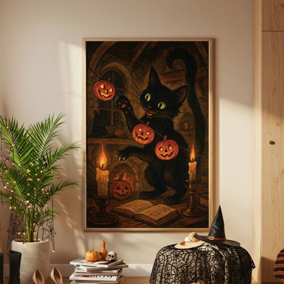 Halloween Black Cat Art Print Whimsical Spooky Pumpkin Garland Wall Decor Cozy Witchy Gift Vintage Kitten Home