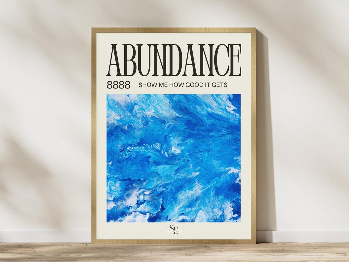 Abundance 8888 Blue Abstract Marble Manifestation Typography Poster