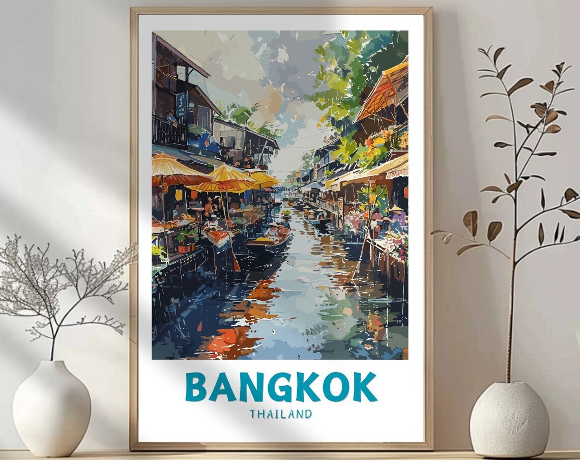 Bangkok Thailand Floating Market Canal Scene Vintage Travel Poster