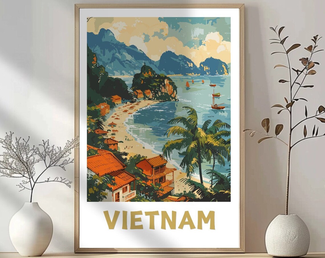 Vintage Vietnam Coastal Village Sailboats Retro Travel Poster