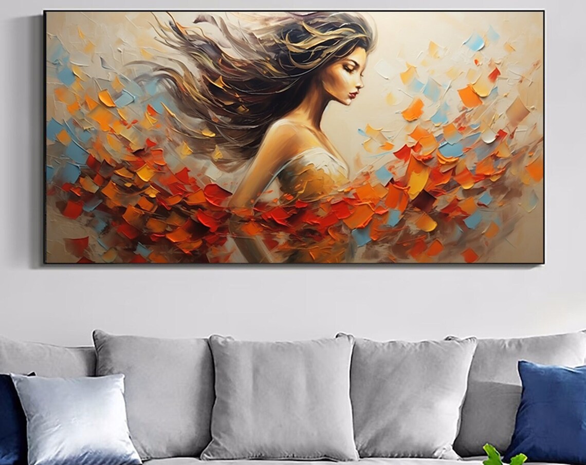 Woman with Flowing Hair Autumn Leaves Back View Painting Poster