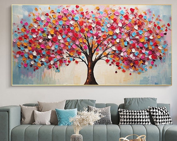 Abstract Tree Of Life Painting Blooming Colorful Tree Oil Painting On Original Landscape Art Boho Wall Art Living Room Wall Decor