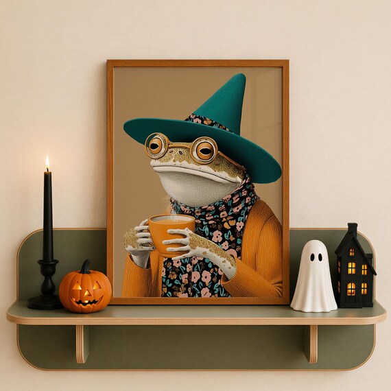Witchy Frog With Tea, Whimsical Animal Art Print