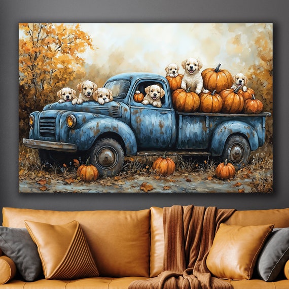 Farm Blue Truck Canvas Wall Art Halloween Decor Pickup With Puppies And Pumpkins Painting Print Autumn Harvest Poster Gift Ready To Hang