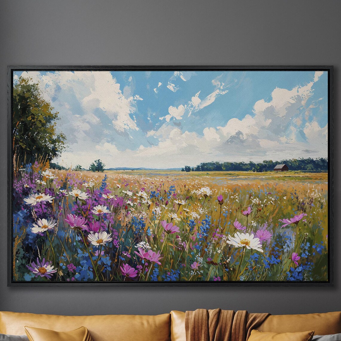 Spring Wildflower Field Of Cosmos Daisies And Red Barn Poster