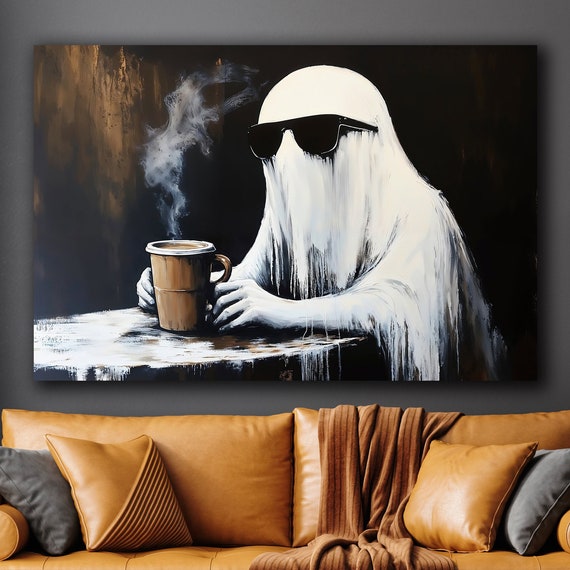 Ghostly Figure In Sunglasses Canvas Wall Art Halloween Decor Gothic With Coffee Painting Print Dark Humor Poster Gift Ready To Hang