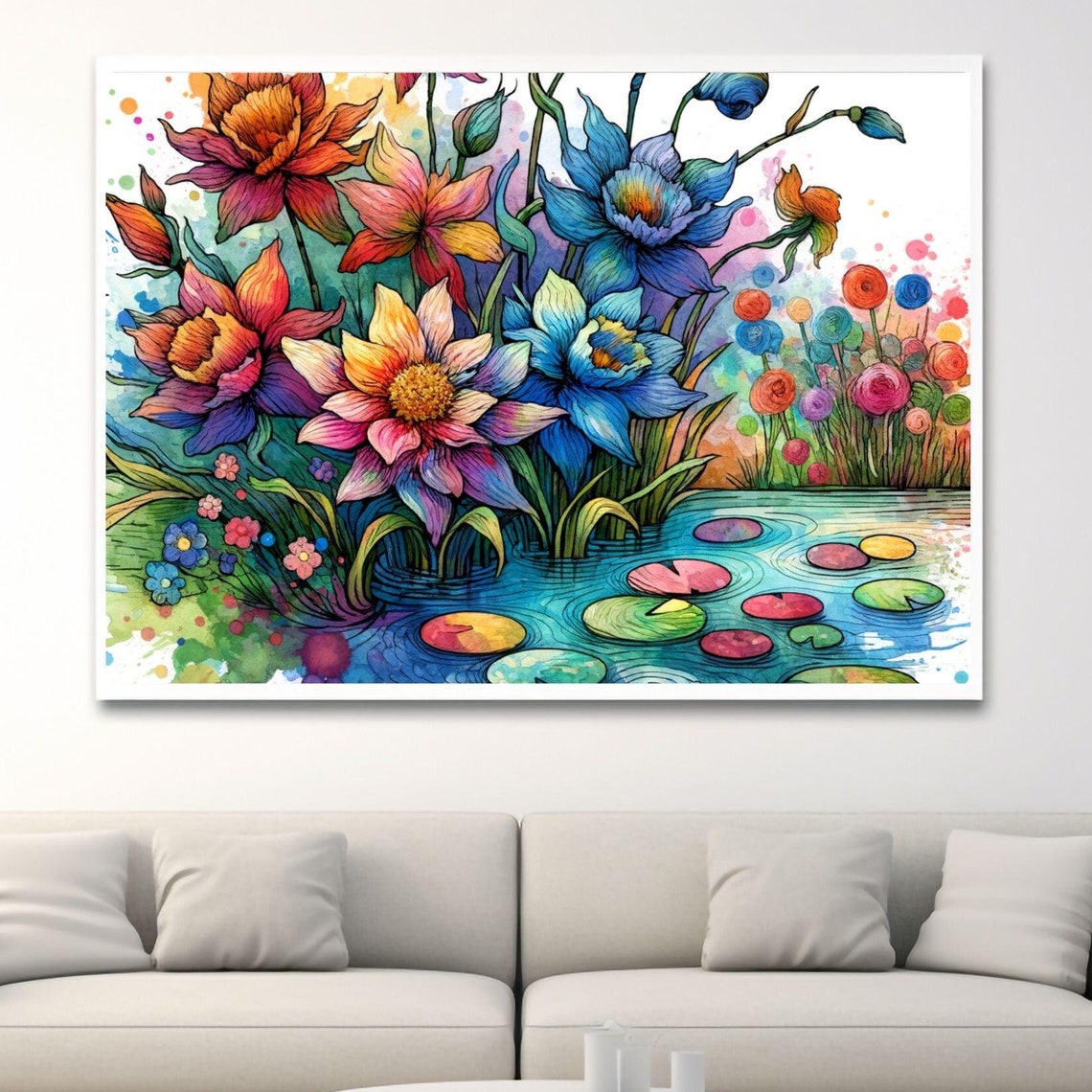 Vibrant Floral Pond Watercolor Lily Pad Bloom Nature Art Poster