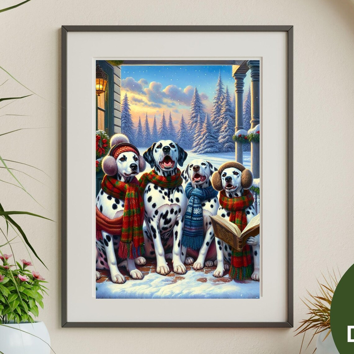 Four Dalmatians Caroling in Scarves on a Snowy Porch Christmas Poster
