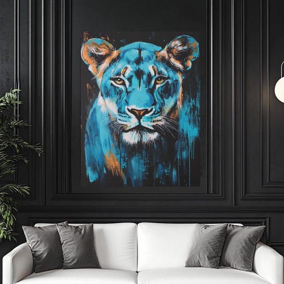 Blue Lion Wall Art Bold Abstract Canvas Big Cat Statement Decor Modern Luxury Vibrant Animal Painting Exotic Wildlife Artwork