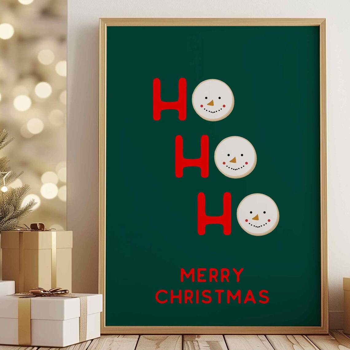 Fun Cute Red Ho Ho Ho Snowman Faces Dark Green Christmas Poster
