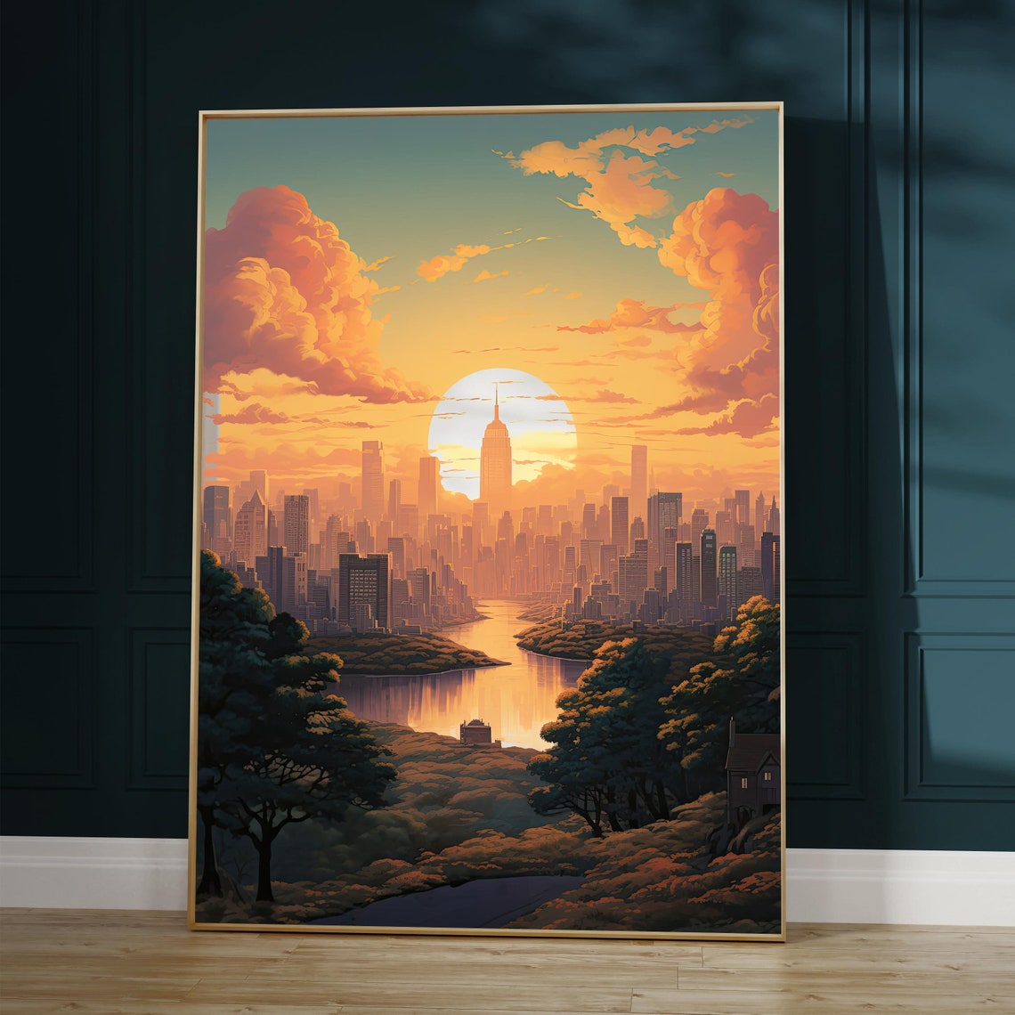 New York Skyline Anime Sunset Poster with Empire State Building Art