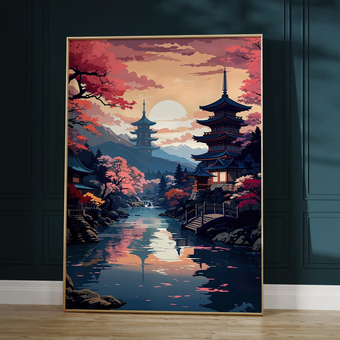 Kyoto Pagodas Sunset Poster with River Reflection and Red Maples Art
