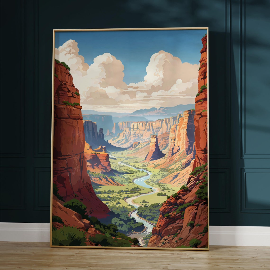 Red Rock Canyon Valley With a Winding River and Blue Sky Poster