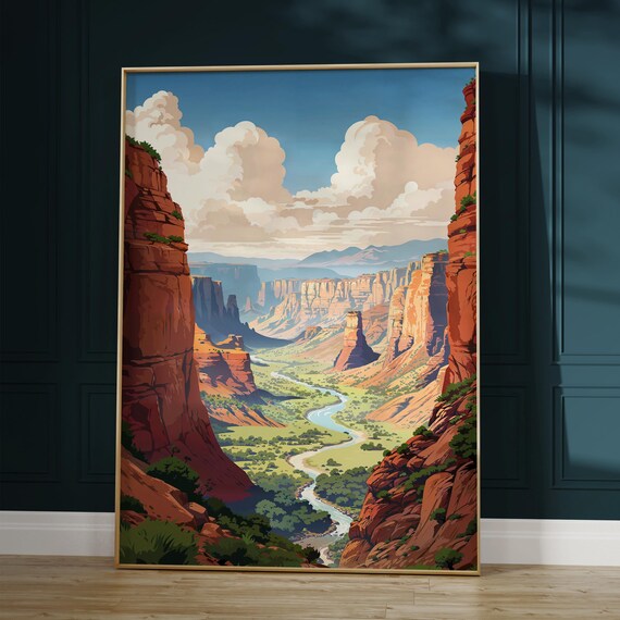 Scenic Wall Art Vibrant Nature Illustration Of A Canyon Landscape Perfect Outdoor Decor For Home Offices