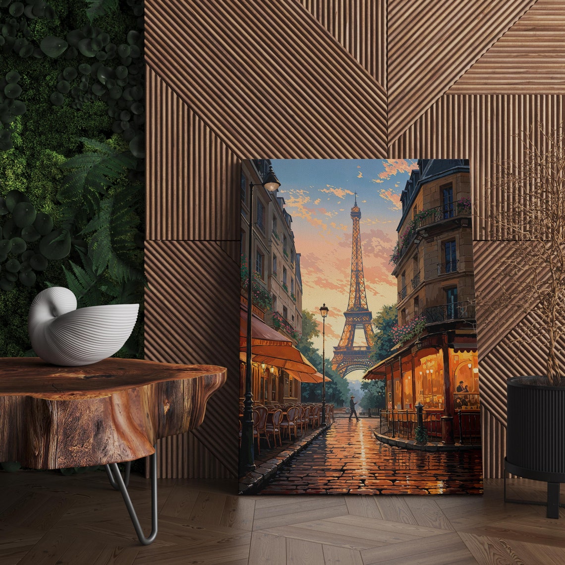 Eiffel Tower Paris Street Cafe Poster Romantic Sunset Cobblestone Art